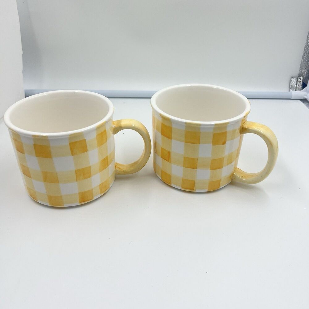 Vintage Mugs Eddie Bauer Home Set of 2 Yellow White Gingham Tea 16 Oz Mugs
